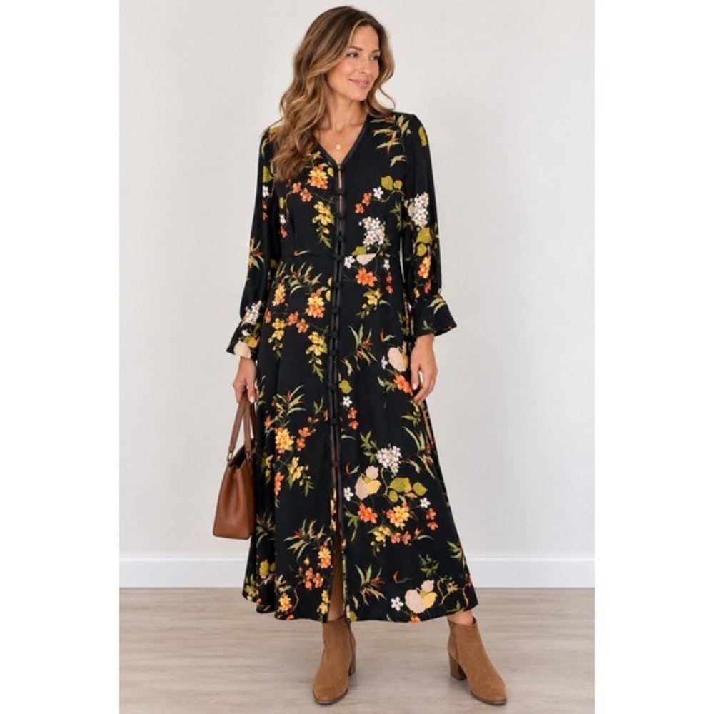 Zara Trafaluc Black Floral Frog Knot Button Midi Dress Long Sleeve Medium